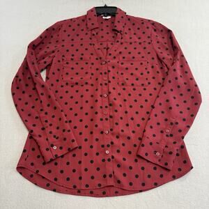 Express Portofino Women M Slim Deep Red Polka Dot Button Up Collared Business